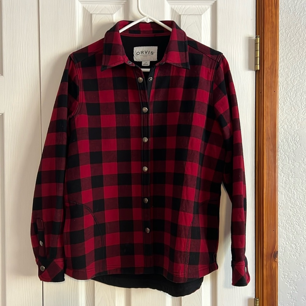 Women’s Orvis Fleece-lined, black and red plaid, long-sleeve shirt, size L.